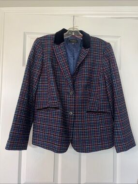 Talbots Blue plaid Blazer with velvet collar